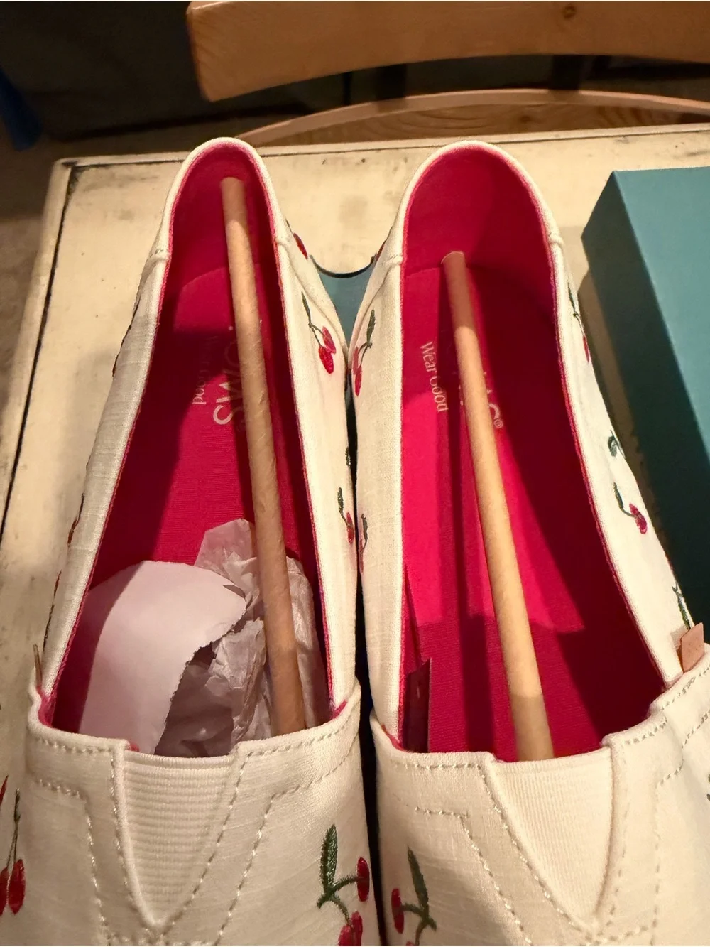 Toms White Slip-On Flats with Red Cherry Embroidery- NWT. Size 12M